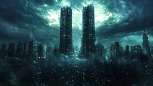Storm-lit twin skyscrapers dominate dark futuristic city.