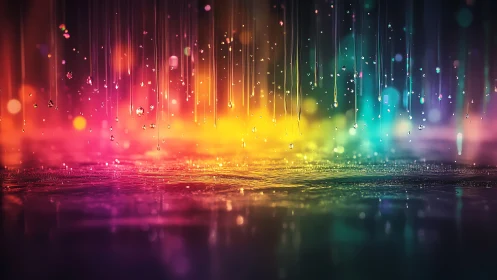 Glowing rainbow rain falling gently over a dreamy night street.