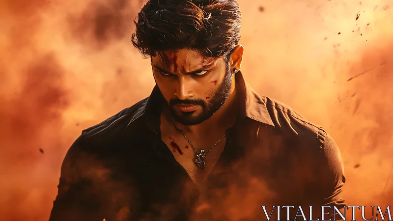 Blood-streaked fighter emerges through dense orange dust cloud