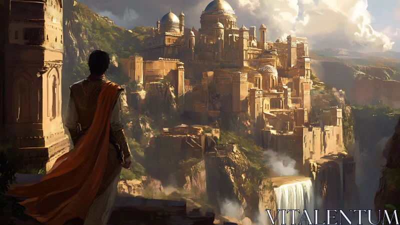 Lone wanderer beholds a sunlit cliffside fantasy citadel