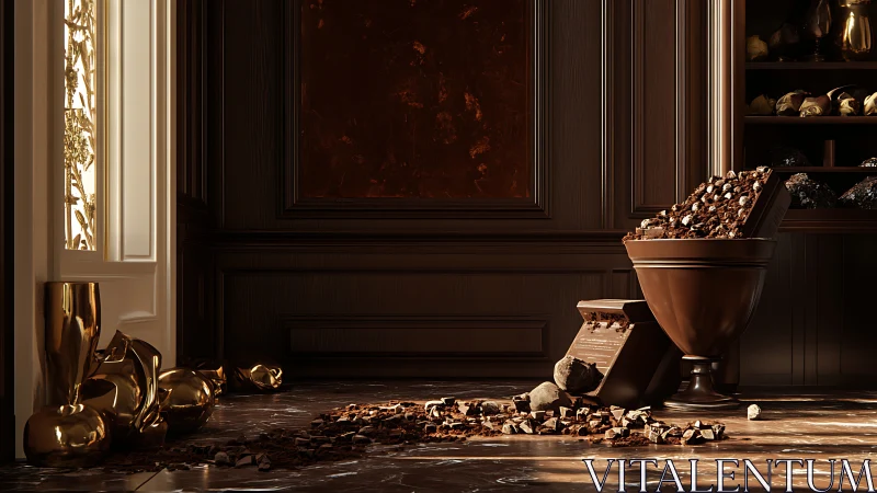Rendered interior shows chocolate blocks and metallic vessels