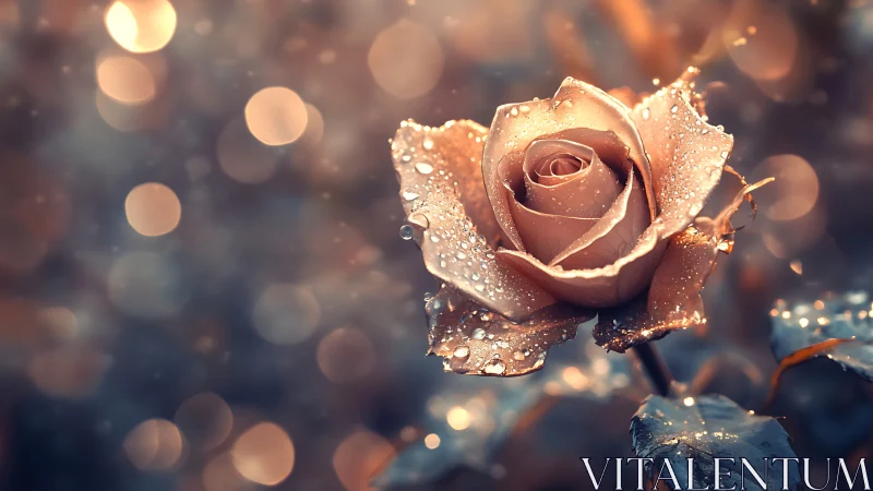 Rose glistens with dewdrops in warm golden light.