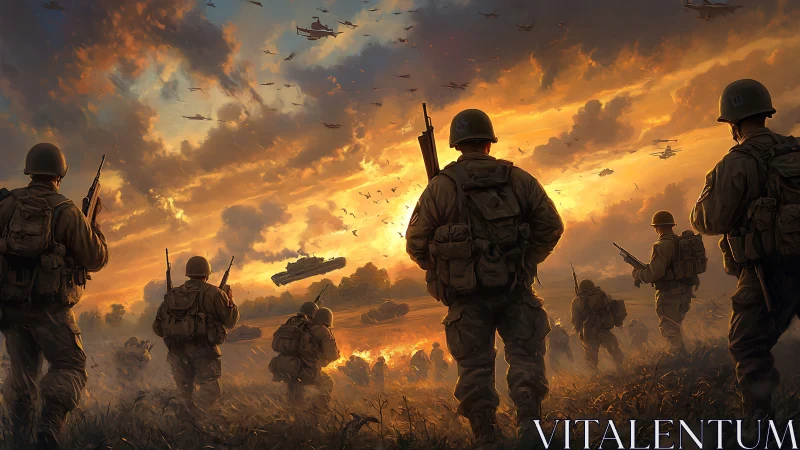 Infantry squad advances under dramatic war-torn sunset sky.