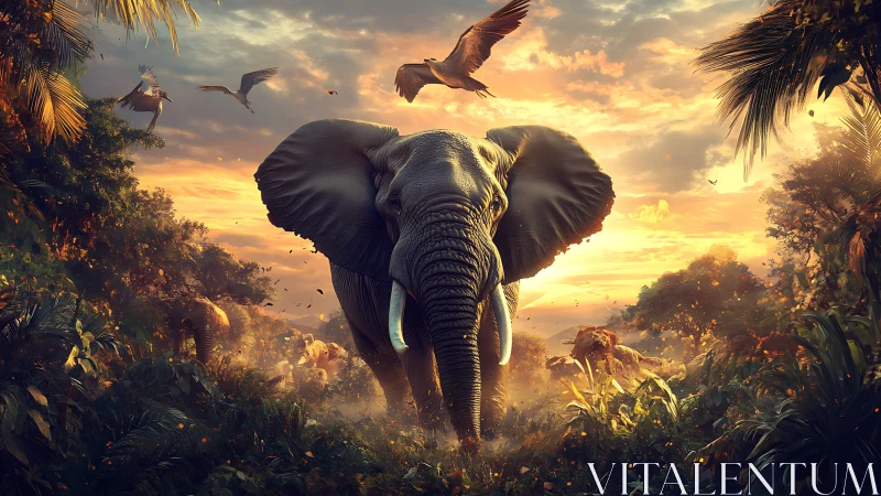 Elephant herd in dense tropical landscape at sunset light.