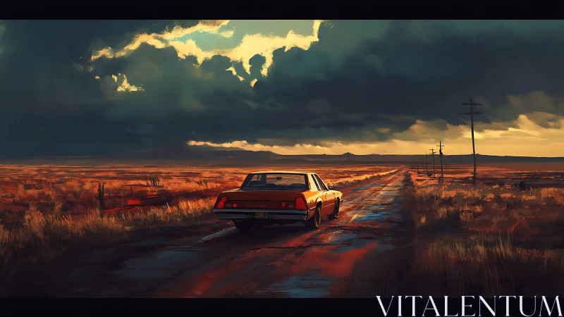 Solitary sedan advances along rain-soaked desert road at dusk