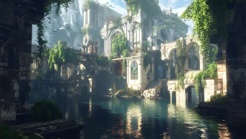 Sunlit stone ruins stand over reflective water in dense vegetation