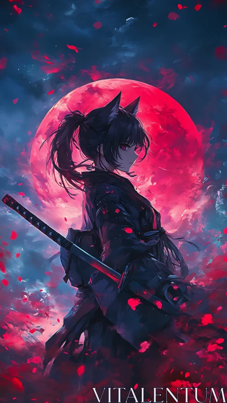 Cat-eared swordswoman stands before large red full moon