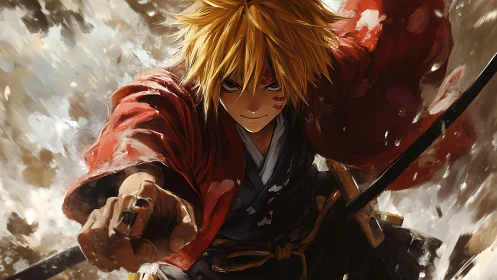 Dynamic anime swordsman lunges forward with motion-blur strokes