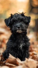 Curious black puppy resting in a swirl of autumn leaves.