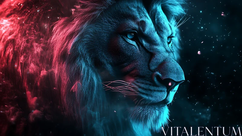 Lion profile rendered with dual-color neon rim lighting