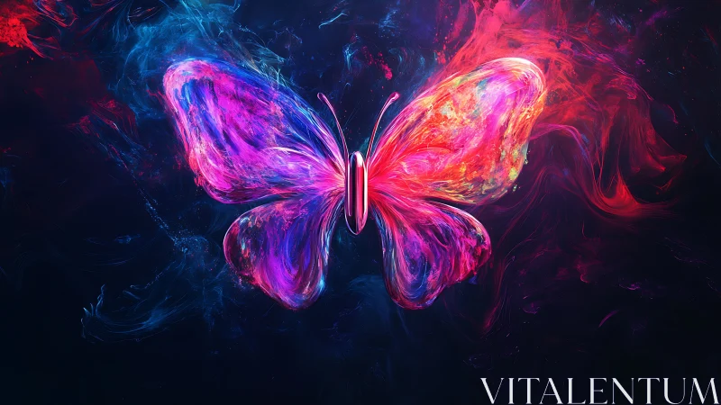 Neon butterfly silhouette glows against dark abstract background