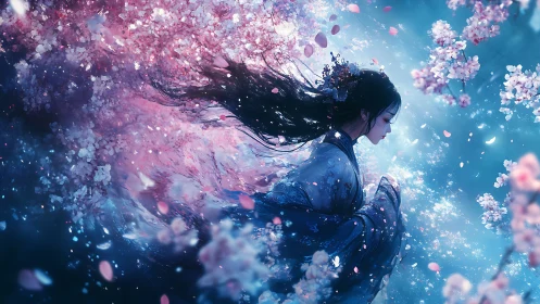 Ethereal maiden drifting through luminous sakura storm.