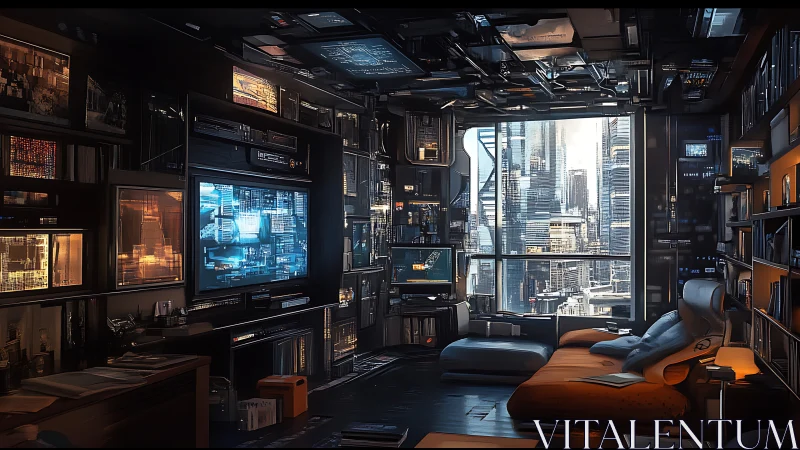 Futuristic high-rise studio integrates holographic displays and dense data walls