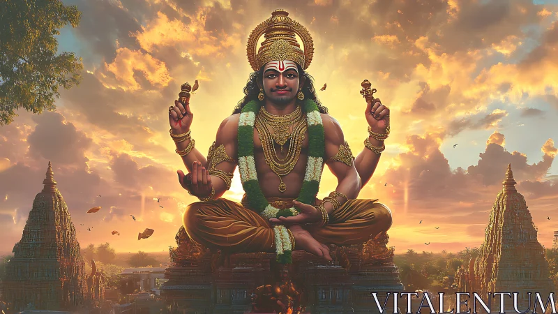 Divine Hindu deity seated above ornate temple skyline.