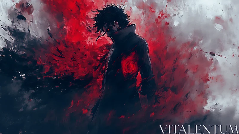 Storm of crimson power surrounds a lone shadowed warrior