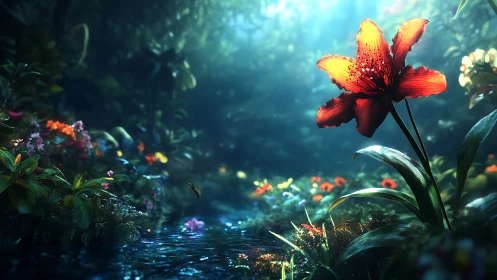 Macro-lit crimson lily over bioluminescent forest stream