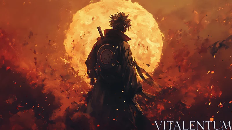 Backlit lone swordsman silhouette before blazing solar disc