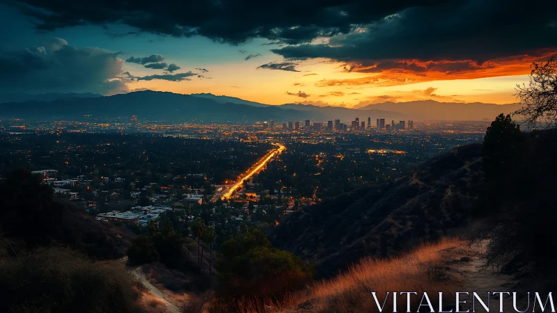 Sunset skyline above city lights viewed from dry hillside.