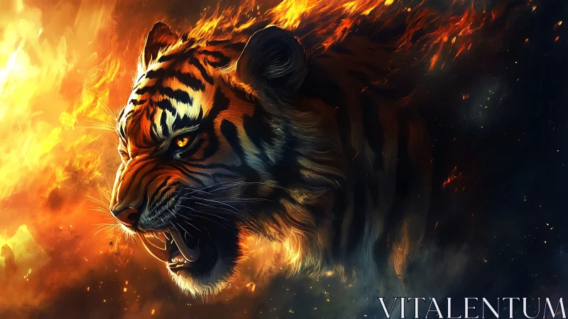Infernal tiger roar suspended between flame and darkness.