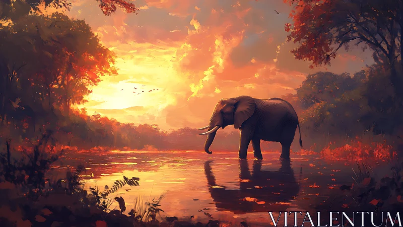 Elephant standing in shallow river at vivid sunset light.