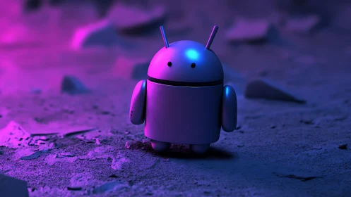 Chromatic android mascot under magenta-blue volumetric lighting.