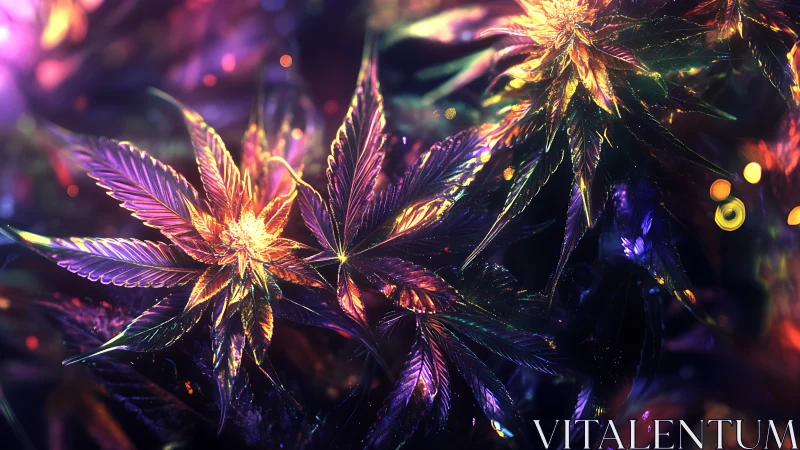 Prismatic jungle leaves glowing in neon twilight hush.