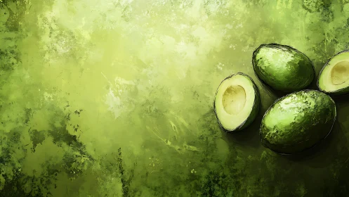 Textured digital still life depicts avocados on mottled green field