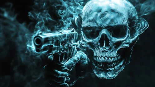 Translucent smoke-formed skull aligns with handgun profile