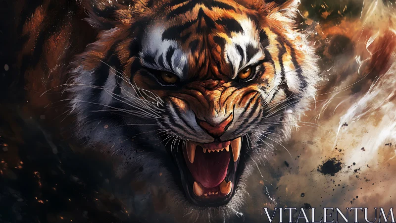Roaring tiger explodes from swirling embers and smoke