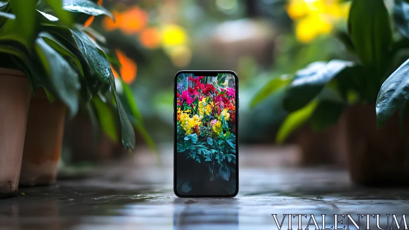 Smartphone displaying vibrant flowers surrounded by plants.