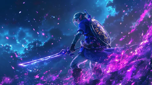 Lone fantasy warrior strides through neon cosmic storm