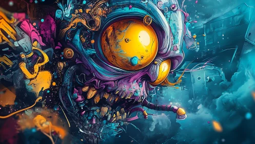 Mutated skull with glowing eyes floats in chaotic debris field