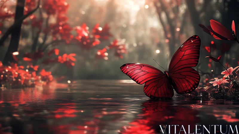 Crimson butterfly resting by a tranquil forest stream.
