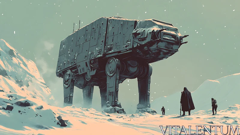 Colossal snow walker dominates a frozen battlefield vista.