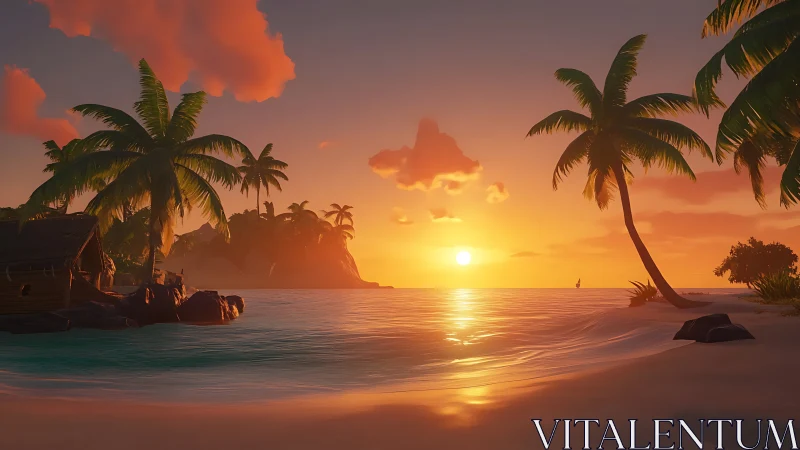 Tropical Paradise Beach at Sunset with Palm Trees.