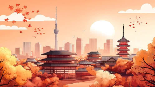 Autumn cityscape uniting Tokyo skyline with stylized temples at dusk