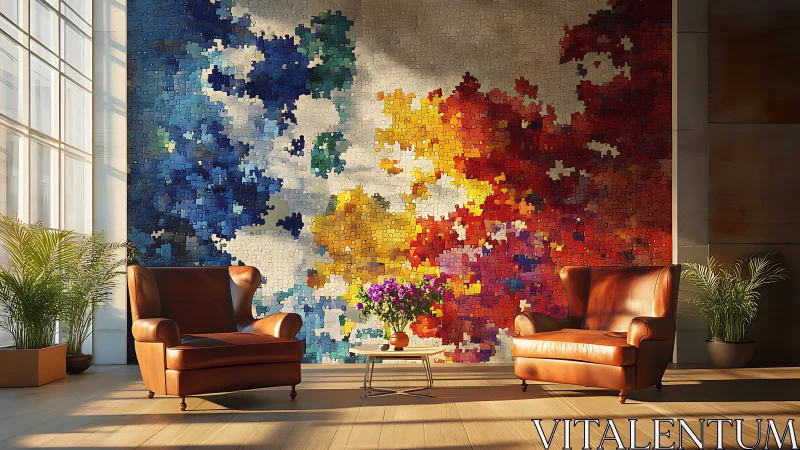 Modern lounge with mosaic puzzle art in warm sunlight.