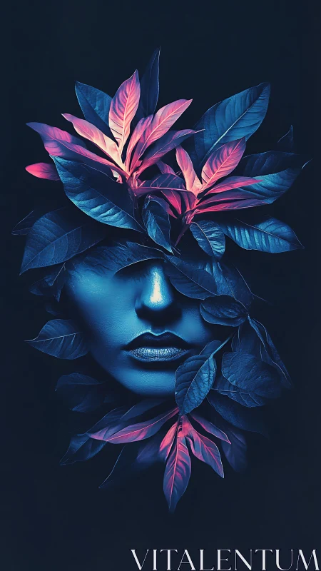 Neon foliage goddess emerging from deep midnight shadows.