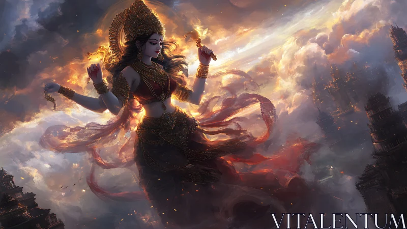 Mythic goddess figure above storm-lit fantasy cityscape.