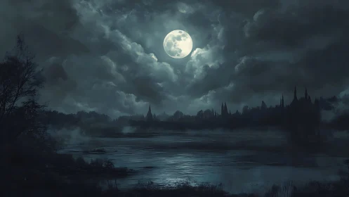 Full moon haunts a misty lakeside beneath looming spires