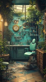 Overgrown vintage dentist room turns into a gentle green haven