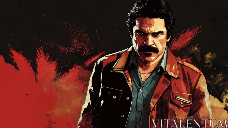 Stylized portrait of stern man in jacket on dark backdrop.