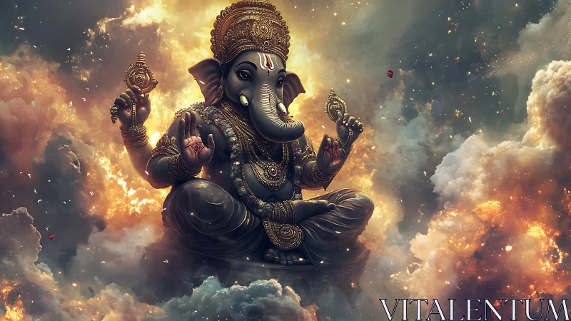 Divine Ganesha floats in radiant cosmic clouds of light