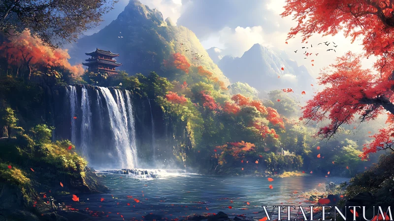 Autumn temple watches waterfall serenade beneath misty peaks.