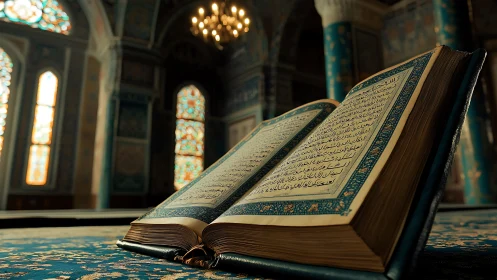 Open Quran resting on stand inside ornamented mosque interior.