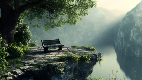 Quiet cliffside bench welcomes peaceful moments above river