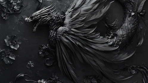 Monochrome dragon phoenix relief coils across dark floral field