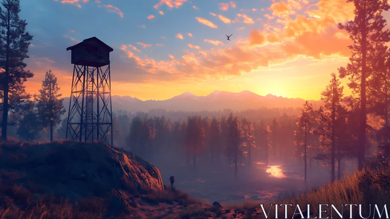 Sunrise paints a watchtower above misty forest valley.