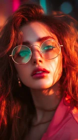 Neon twilight muse in glowing glasses and ember-lit hair.