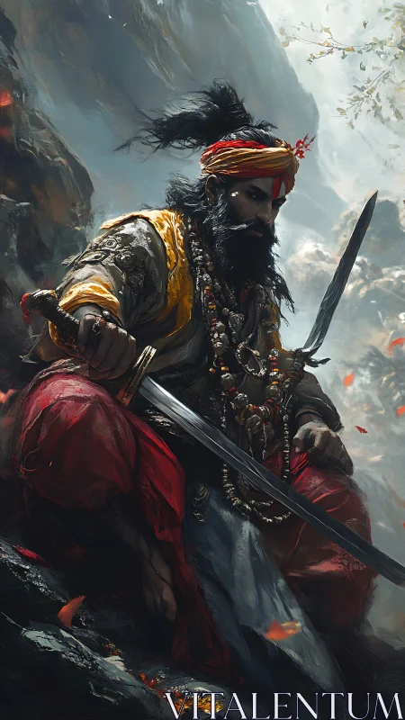 Mountain war sage poised with twin blades in stormed silence.